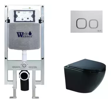 Комплект унитаза WeltWasser Merzbach 041 XL с инсталляцией AMBERG 497 ST черный матовый, с сиденьем микролифт и клавишей смыва AMBERG RD-WT белый