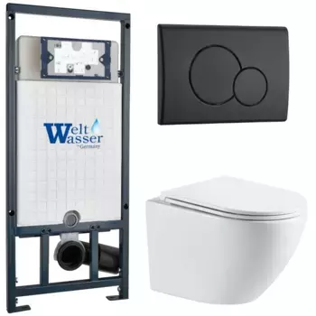 Комплект унитаза WeltWasser Merzbach 041 XL с инсталляцией MARBERG 507 белый, с сиденьем микролифт и клавишей смыва MAR 507 RD MT-BL черный матовый