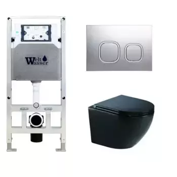 Комплект унитаза WeltWasser Merzbach 043 с инсталляцией AMBERG 506 ST черный глянцевый, с сиденьем микролифт и клавишей смыва AMBERG RD-MT CR хром матовый