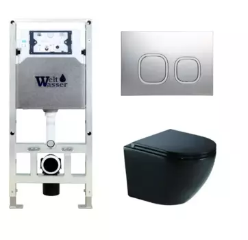 Комплект унитаза WeltWasser Merzbach 043 с инсталляцией AMBERG 506 ST черный глянцевый, с сиденьем микролифт и клавишей смыва AMBERG RD-CR хром