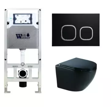 Комплект унитаза WeltWasser Merzbach 043 с инсталляцией AMBERG 506 ST черный глянцевый, с сиденьем микролифт и клавишей смыва AMBERG RD-BL черный матовый