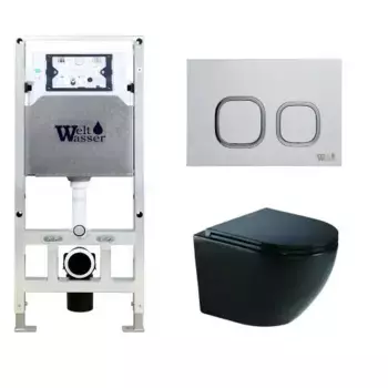 Комплект унитаза WeltWasser Merzbach 043 с инсталляцией AMBERG 506 ST черный глянцевый, с сиденьем микролифт и клавишей смыва AMBERG RD-WT белый