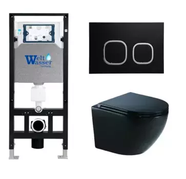 Комплект унитаза WeltWasser Merzbach 043 с инсталляцией AMBERG 506 черный глянцевый, с сиденьем микролифт и клавишей смыва AMBERG RD-BL черный матовый