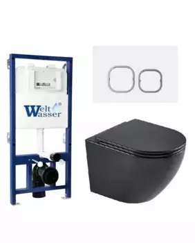 Комплект унитаза WeltWasser Merzbach 043 с инсталляцией BAMBERG 525 черный матовый, с сиденьем микролифт и клавишей смыва BAMBERG WT белый