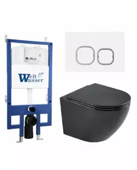 Комплект унитаза WeltWasser Merzbach 043 с инсталляцией BAMBERG 545 черный матовый, с сиденьем микролифт и клавишей смыва BAMBERG WT белый