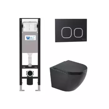 Комплект унитаза WeltWasser Merzbach 043 с инсталляцией AMBERG 350 черный матовый, с сиденьем микролифт и клавишей смыва AMBERG RD-BL черный матовый