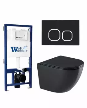 Комплект унитаза WeltWasser Merzbach 043 с инсталляцией BAMBERG 525 черный матовый, с сиденьем микролифт и клавишей смыва BAMBERG BL черный матовый