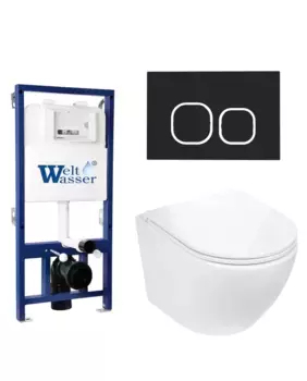 Комплект унитаза WeltWasser Merzbach 043 с инсталляцией BAMBERG 525 белый, с сиденьем микролифт и клавишей смыва BAMBERG BL черный матовый