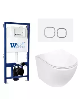 Комплект унитаза WeltWasser Merzbach 043 с инсталляцией BAMBERG 525 белый, с сиденьем микролифт и клавишей смыва BAMBERG WT белый