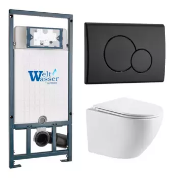 Комплект унитаза WeltWasser Merzbach 043 с инсталляцией MARBERG 410 белый, с сиденьем микролифт и клавишей смыва MAR 507 RD MT-BL черный матовый