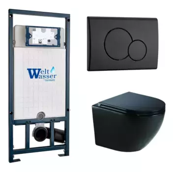 Комплект унитаза WeltWasser Merzbach 043 с инсталляцией MARBERG 507 черный глянцевый, с сиденьем микролифт и клавишей смыва MAR 507 RD MT-BL черный матовый