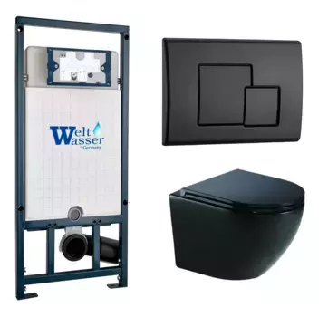 Комплект унитаза WeltWasser Merzbach 043 с инсталляцией MARBERG 507 черный глянцевый, с сиденьем микролифт и клавишей смыва MAR 507 SE MT-BL черный матовый