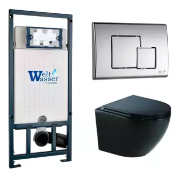 Комплект унитаза WeltWasser Merzbach 043 с инсталляцией MARBERG 507 черный глянцевый, с сиденьем микролифт и клавишей смыва MAR 507 SE-CR хром