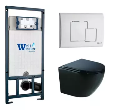 Комплект унитаза WeltWasser Merzbach 043 с инсталляцией MARBERG 507 черный глянцевый, с сиденьем микролифт и клавишей смыва MAR 507 SE GL-WT белый