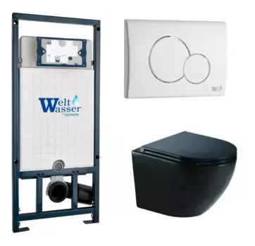 Комплект унитаза WeltWasser Merzbach 043 с инсталляцией MARBERG 507 черный глянцевый, с сиденьем микролифт и клавишей смыва MAR 507 RD GL-WT белый