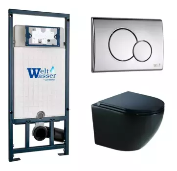 Комплект унитаза WeltWasser Merzbach 043 с инсталляцией MARBERG 507 черный глянцевый, с сиденьем микролифт и клавишей смыва MAR 507 RD-CR хром
