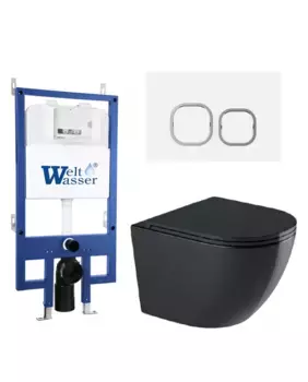 Комплект унитаза WeltWasser Merzbach 043 с инсталляцией BAMBERG 545 черный глянцевый, с сиденьем микролифт и клавишей смыва BAMBERG WT белый
