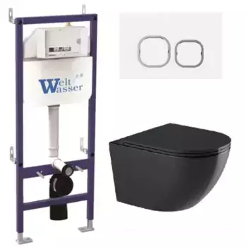 Комплект унитаза WeltWasser Merzbach 043 с инсталляцией BAMBERG 460 черный глянцевый, с сиденьем микролифт и клавишей смыва BAMBERG WT белый