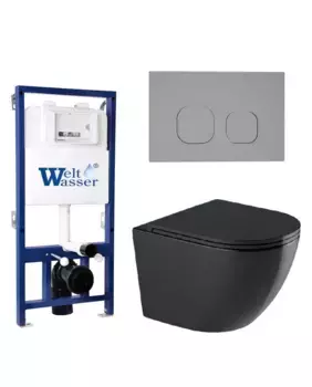 Комплект унитаза WeltWasser Merzbach 043 с инсталляцией BAMBERG 525 черный глянцевый, с сиденьем микролифт и клавишей смыва BAMBERG CR хром