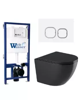 Комплект унитаза WeltWasser Merzbach 043 с инсталляцией BAMBERG 525 черный глянцевый, с сиденьем микролифт и клавишей смыва BAMBERG WT белый