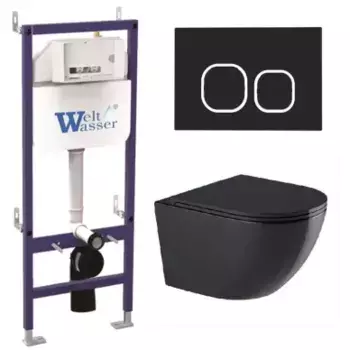 Комплект унитаза WeltWasser Merzbach 043 с инсталляцией BAMBERG 460 черный глянцевый, с сиденьем микролифт и клавишей смыва BAMBERG BL черный матовый