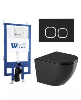 Комплект унитаза WeltWasser Merzbach 043 с инсталляцией BAMBERG 545 черный глянцевый, с сиденьем микролифт и клавишей смыва BAMBERG BL черный матовый