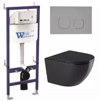 Комплект унитаза WeltWasser Merzbach 043 с инсталляцией BAMBERG 460 черный глянцевый, с сиденьем микролифт и клавишей смыва BAMBERG CR хром