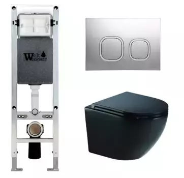 Комплект унитаза WeltWasser Merzbach 043 с инсталляцией AMBERG 350 ST черный глянцевый, с сиденьем микролифт и клавишей смыва AMBERG RD-MT CR хром матовый