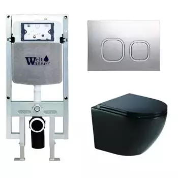 Комплект унитаза WeltWasser Merzbach 043 с инсталляцией AMBERG 497 ST черный глянцевый, с сиденьем микролифт и клавишей смыва AMBERG RD-CR хром