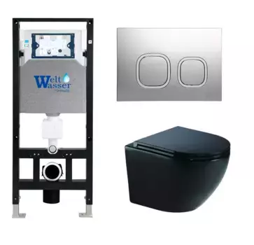 Комплект унитаза WeltWasser Merzbach 043 с инсталляцией AMBERG 506 черный глянцевый, с сиденьем микролифт и клавишей смыва AMBERG RD-CR хром