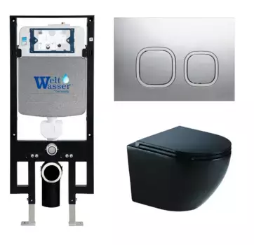 Комплект унитаза WeltWasser Merzbach 043 с инсталляцией AMBERG 497 черный глянцевый, с сиденьем микролифт и клавишей смыва AMBERG RD-CR хром