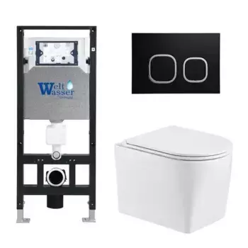 Комплект унитаза WeltWasser Nesenbach с инсталляцией AMBERG 506 белый, с сиденьем микролифт и клавишей смыва AMBERG RD-BL черный матовый