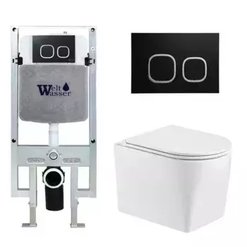 Комплект унитаза WeltWasser Nesenbach с инсталляцией AMBERG 497 ST белый, с сиденьем микролифт и клавишей смыва AMBERG RD-BL черный матовый