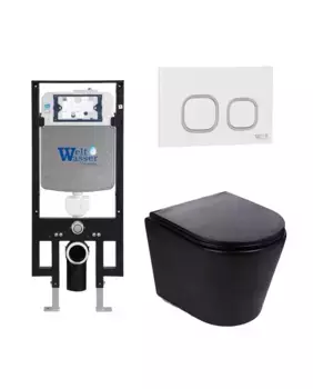 Комплект унитаза WeltWasser Salzbach 043 с инсталляцией AMBERG 497 черный матовый, с сиденьем микролифт и клавишей смыва AMBERG RD-WT белый