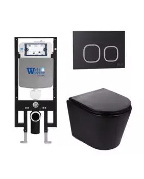 Комплект унитаза WeltWasser Salzbach 043 с инсталляцией AMBERG 497 черный матовый, с сиденьем микролифт и клавишей смыва AMBERG RD-BL черный матовый