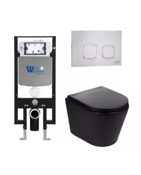 Комплект унитаза WeltWasser Salzbach 043 с инсталляцией AMBERG 497 черный матовый, с сиденьем микролифт и клавишей смыва AMBERG RD-MT CR хром матовый