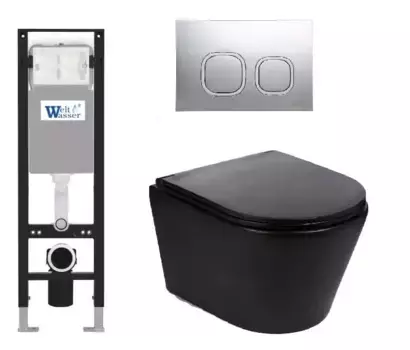 Комплект унитаза WeltWasser Salzbach 043 с инсталляцией AMBERG 350 черный матовый, с сиденьем микролифт и клавишей смыва AMBERG RD-MT CR хром матовый
