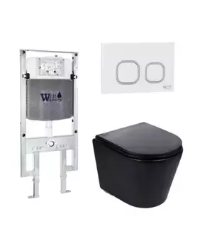 Комплект унитаза WeltWasser Salzbach 043 с инсталляцией AMBERG 497 ST черный матовый, с сиденьем микролифт и клавишей смыва AMBERG RD-WT белый