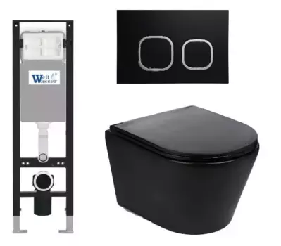 Комплект унитаза WeltWasser Salzbach 043 с инсталляцией AMBERG 350 черный матовый, с сиденьем микролифт и клавишей смыва AMBERG RD-BL черный матовый