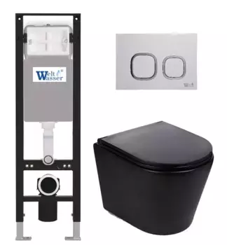 Комплект унитаза WeltWasser Salzbach 043 с инсталляцией AMBERG 350 черный матовый, с сиденьем микролифт и клавишей смыва AMBERG RD-WT белый