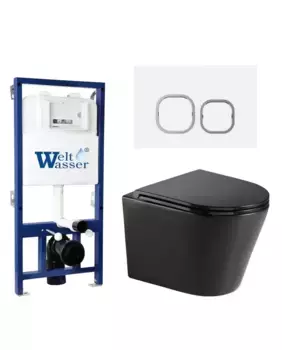 Комплект унитаза WeltWasser Salzbach 043 с инсталляцией BAMBERG 525 черный матовый, с сиденьем микролифт и клавишей смыва BAMBERG WT белый