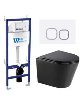 Комплект унитаза WeltWasser Salzbach 043 с инсталляцией BAMBERG 460 черный матовый, с сиденьем микролифт и клавишей смыва BAMBERG WT белый
