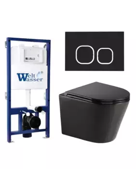 Комплект унитаза WeltWasser Salzbach 043 с инсталляцией BAMBERG 525 черный матовый, с сиденьем микролифт и клавишей смыва BAMBERG BL черный матовый