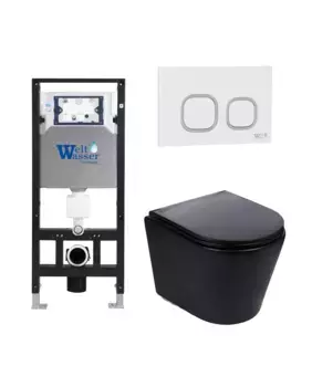 Комплект унитаза WeltWasser Salzbach 043 с инсталляцией ляцией AMBERG 506 черный матовый, с сиденьем микролифт и клавишей смыва AMBERG RD-WT белый