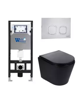 Комплект унитаза WeltWasser Salzbach 043 с инсталляцией ляцией AMBERG 506 черный матовый, с сиденьем микролифт и клавишей смыва AMBERG RD-MT CR хром матовый