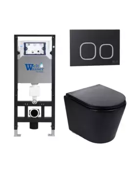 Комплект унитаза WeltWasser Salzbach 043 с инсталляцией ляцией AMBERG 506 черный матовый, с сиденьем микролифт и клавишей смыва AMBERG RD-BL черный матовый