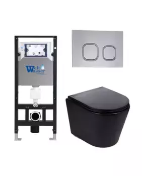 Комплект унитаза WeltWasser Salzbach 043 с инсталляцией ляцией AMBERG 506 черный матовый, с сиденьем микролифт и клавишей смыва AMBERG RD-CR хром