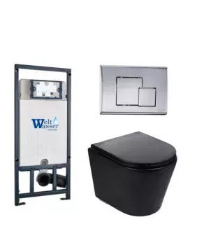 Комплект унитаза WeltWasser Salzbach 043 с инсталляцией MARBERG 507 черный матовый, с сиденьем микролифт и клавишей смыва MAR 507 SE-CR хром