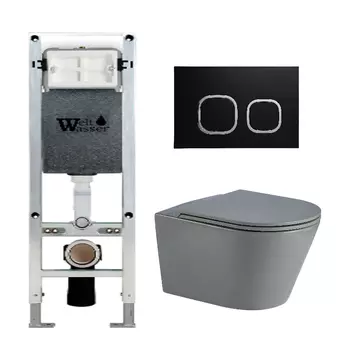Комплект унитаза WeltWasser Salzbach 041 c инсталляцией AMBERG 350 ST серый матовый, с сиденьем микролифт и клавишей смыва AMBERG RD-BL черный матовый