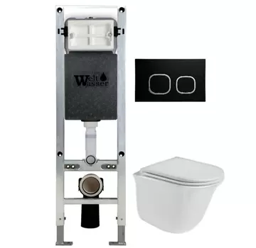 Комплект унитаза WeltWasser Telbach 004 с инсталляцией AMBERG 350 ST белый, с сиденьем микролифт и клавишей смыва AMBERG RD-BL черный матовый